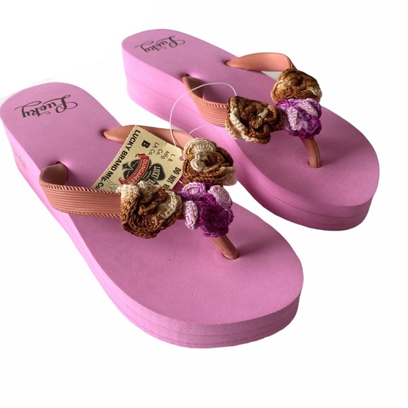 new Lucky Brand ♧ Floral Crochet Trim Platform Flip Flop ♧ Rose Pink ♧ Size 6 - Picture 9 of 16